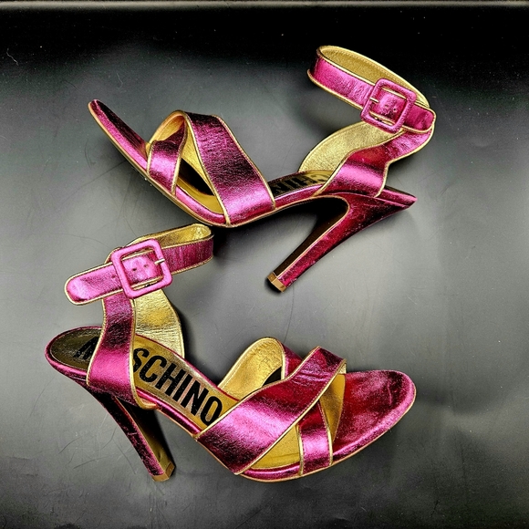 Moschino Pink & Gold Ankle Strap stiletto Sandal Heels Sz 39 8.5 - Picture 5 of 8